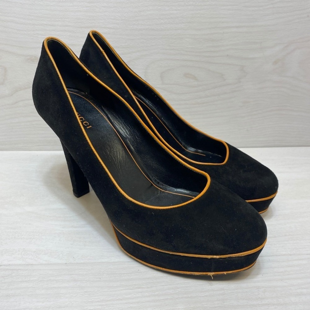 Gucci Black Suede Platform Pumps Womens Round Toe Heels Size 39.5 Italy